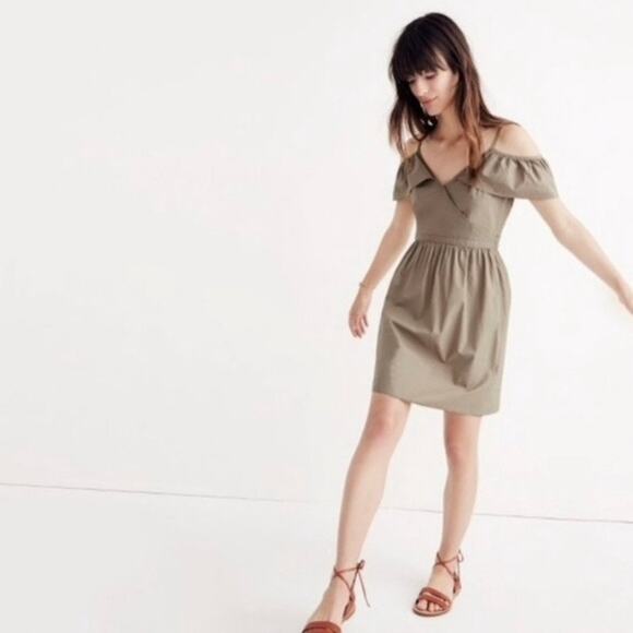 Madewell Dresses & Skirts - MADEWELL Tan Dress Size 4 Surplice Bodice Ruffled Off Shoulder Sleeves